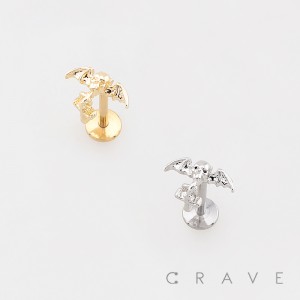 SKULL BAT WINGS SMALL DANGLING CROSS CHARM 316L SURGICAL STEEL THREADLESS PUSH-PIN LABRET SET